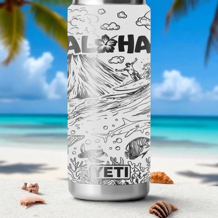 アロハ YETI タンブラー – ハワイのサーフィンとビーチのシーンが刻印